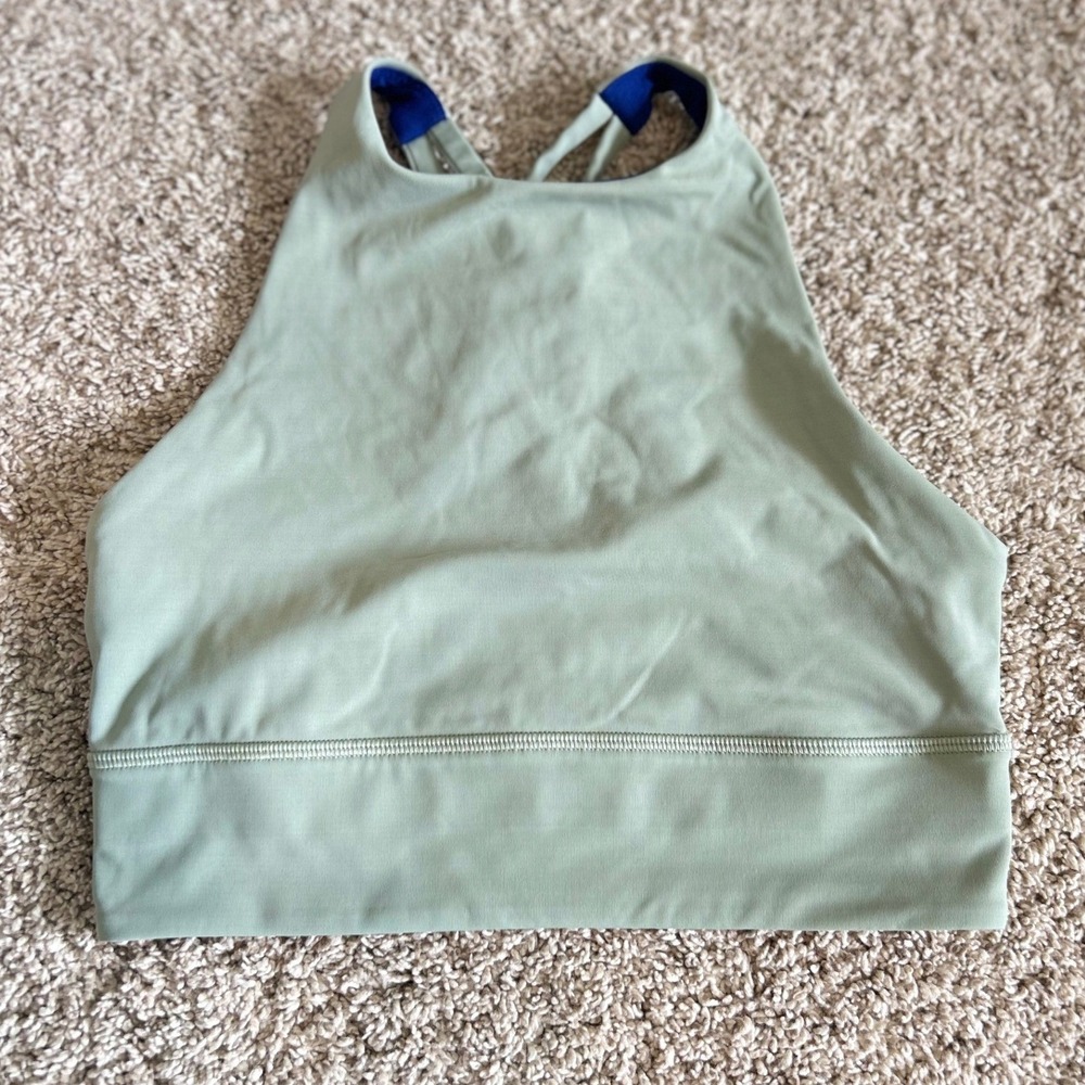 Lululemon Energy Bra High Neck Long Line‎ Sage Green Blue Strappy Back Size 6
